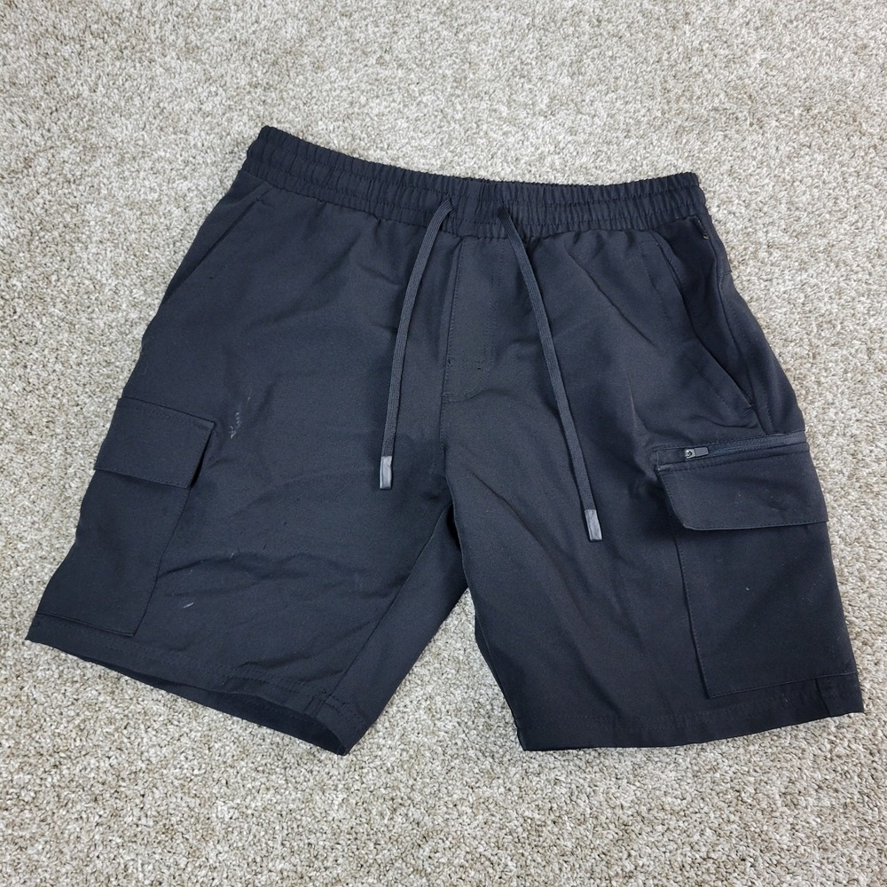 Legend Discovery Mens Medium Solid Black Performance Cargo Shorts Elastic Waist